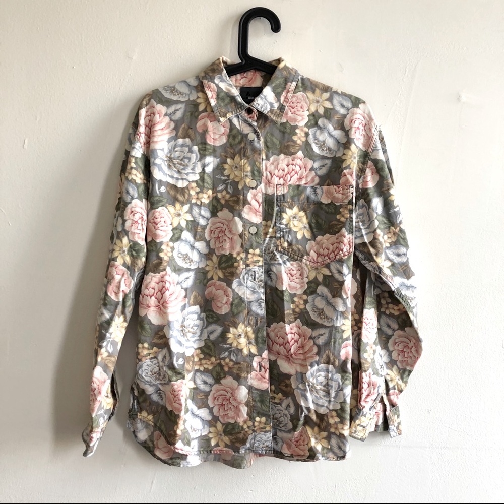 90’s pastel Grunge Cotton Floral Long Button Down